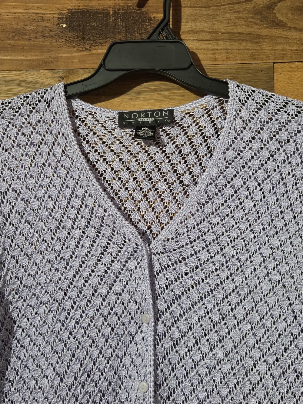 Lavender Open Knit Crochet Cardigan Pointelle 3/4 Sleeve Button Front Petite XL - Picture 2 of 7